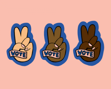 A light pink background with 3 illustrated peace sign hands of various skin tones with banners that say vote