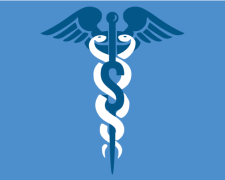Graphic of the caduceus and a dollar sign