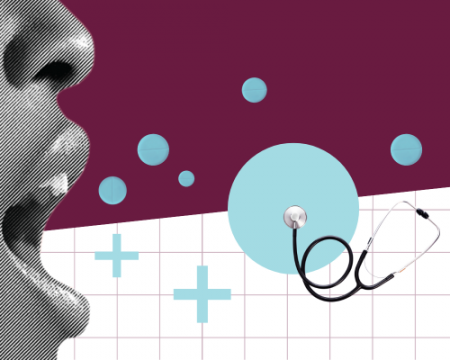A maroon and light blue collage with a woman's face, a stethoscope, circles, and medical plus signs 