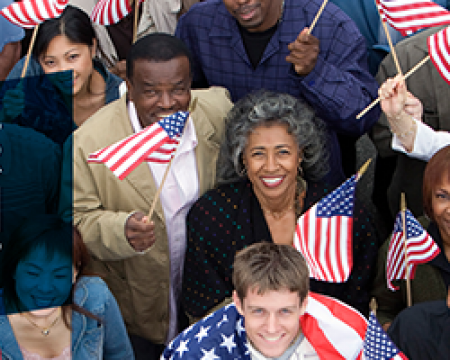 Photo of people holding American Flags labelled "Fight for Freedom"