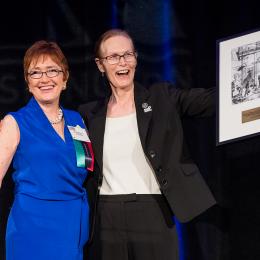 Photo of ACLU of Washington Executive Director Kathleen Taylor and Transgender and Human Rights advocate Marsha Botzer, winner of the 2016 William O. Douglas Lifetime Achievement Award