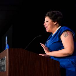 Photo of ACLU of Washington Board Member Jamila Johnson at the podium