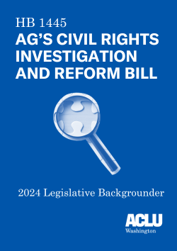Blue title card with yellow and white text that says HB 1445 AGs Civil Rights Investigations and Reform Bill
