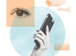 Collage of an eye, hand holding a smart phone, and a surveillance camera to represent privacy and technology