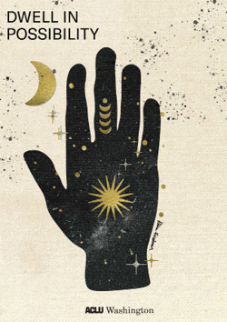 An illustration of a hand filled in with a cosmo sky, surrounded by gold star details and the words Dwell In Possibility
