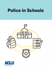 Police in Schools. Black symbols (a school building, homework, a police badge, and a backpack) organized in a cricle with yellow circle outlines overlapping. 