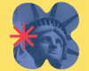 Lady Liberty Session A yellow graphic with a cutout blob shape around the statue of liberty head and a red asterisk.