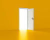 Yellow background with a white open door 