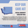 Blue and white graphic that says Keep Our Care Act Virtual Community Education Panel with the event details 