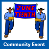 An illustration of two individuals holding a Juneteenth banner 