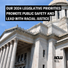 Image of Washington State Legislature with the text "Our 2024 legislative priorities promote public safety and lead with racial justice" over top.