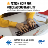 square image of hands typing on a computer and a text overlay that says take action for police accountability 
