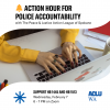 Action Hour for Police Accountability - IG square image of hands typing on a computer and a text overlay that says take action for police accountability
