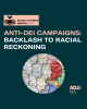 Dark green background a cirle of cut out paper faces in many colors and text that says Anti-DEI campaigns: backlash to racial reckoning