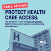 Take Action KOCA IG Take Action protect health care access light blue background with a cut out image of a hospital