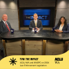 ACLU-WA on TVW The Impact A photograph of three people on a TV news set smiling and looking at the camera. A yellow wave is at the bottom