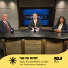 A photograph of three people on a TV news set smiling and looking at the camera. A yellow wave is at the bottom