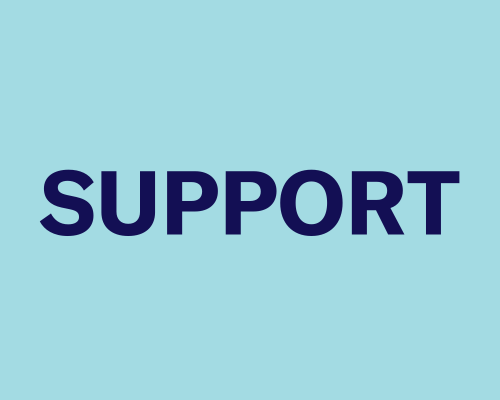 Support_display light blue background with dark blue text that says "support"